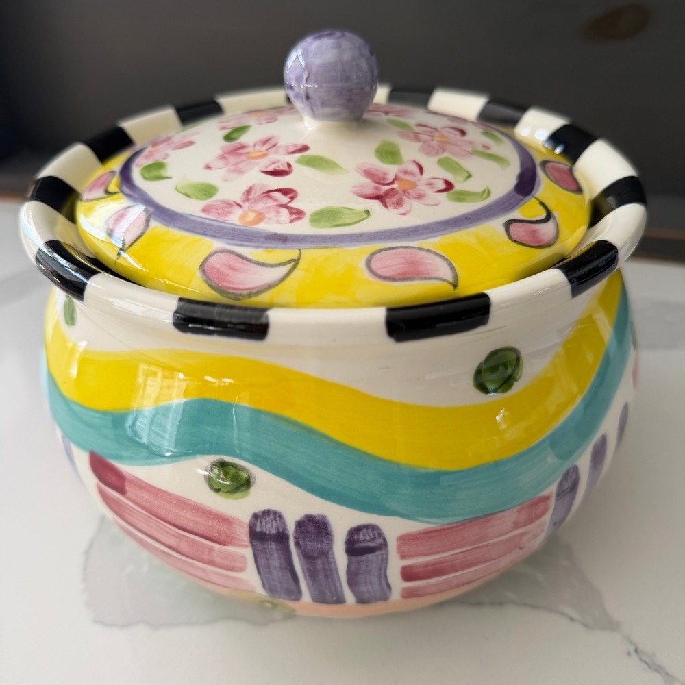 Vicki Carroll Hand Painted Ceramic Lidded Jar 1996 Whimsical Floral Checkered 6"